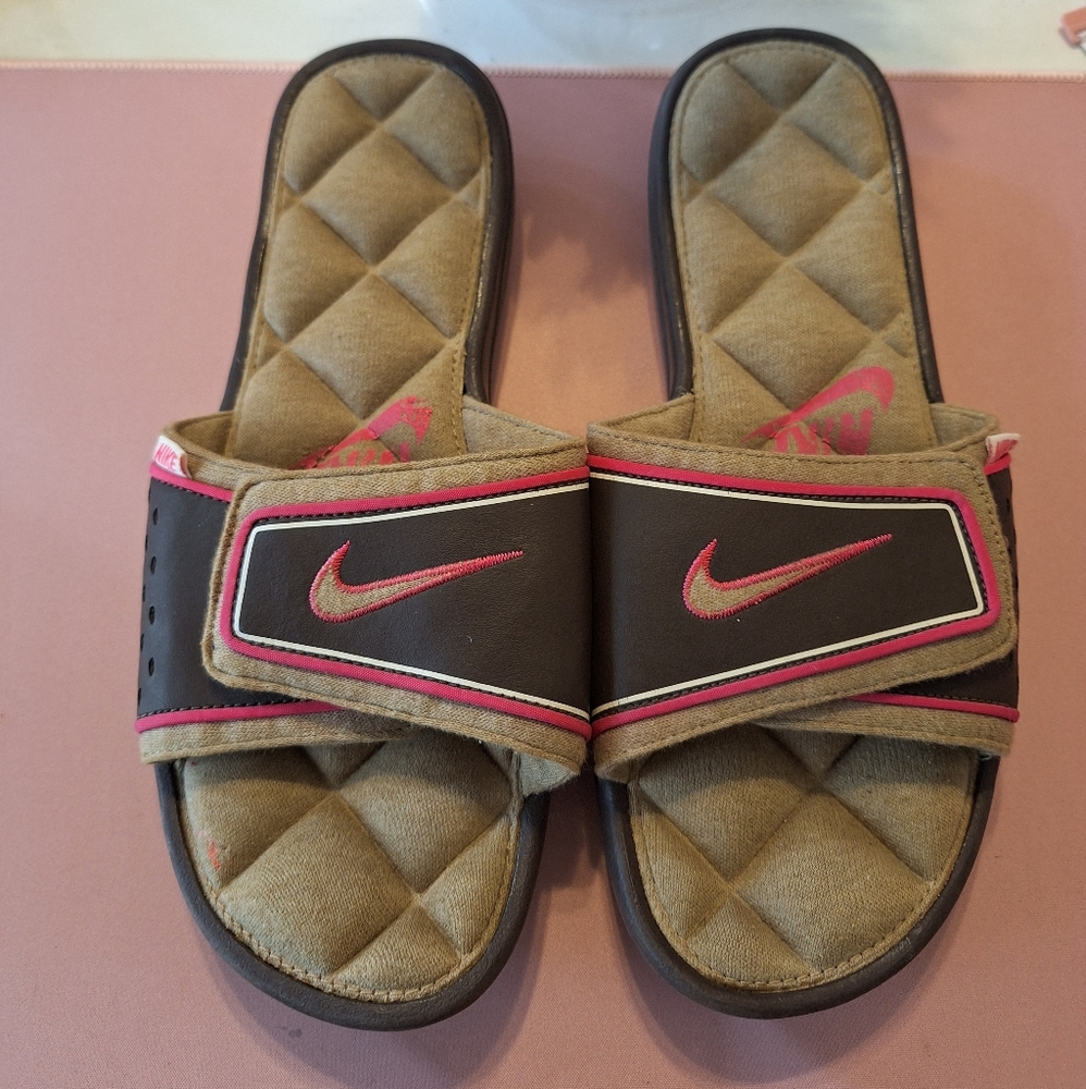 Nike Pink and Brown Slide Sandals